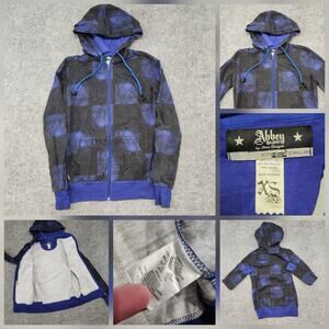 Abbey Dawn Avril Lavigne Womens XS HB3 Full Zip Plaid Blue Black Ear Plug Hoodie